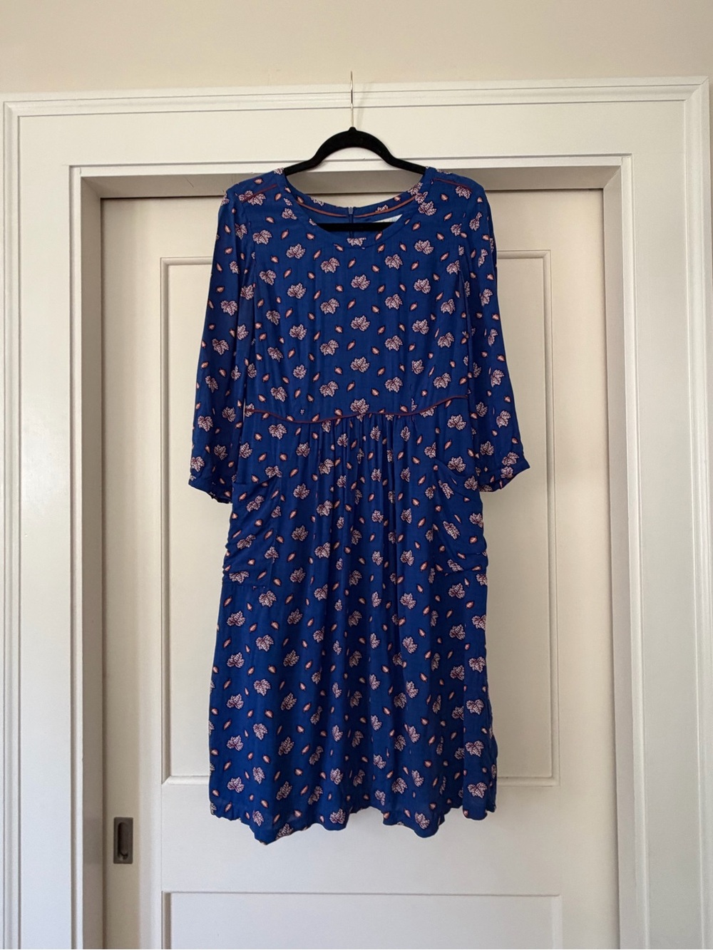 Boden Cobalt Blue Leaf Print Viscose Dress Pockets Lined 3/4 Sleeve US8L